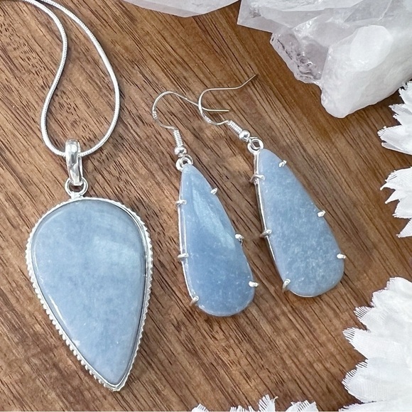 Angelite Pendant and Earrings Set Solid Sterling Silver 925 Handmade New - Picture 4 of 11